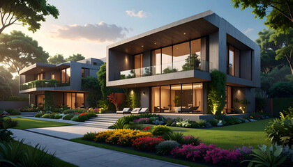 Modern Luxury Homes with Lush Landscaping and Contemporary Design.