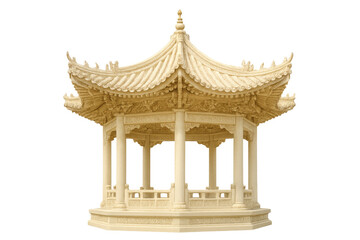 Intricate stone carving depicting a classic chinese pagoda architecture with traditional curved roof and columns on transparent background