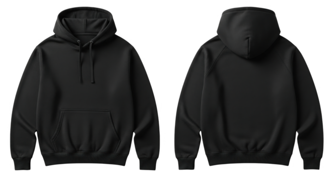 Front and back view of a plain black hoodie on a white background.