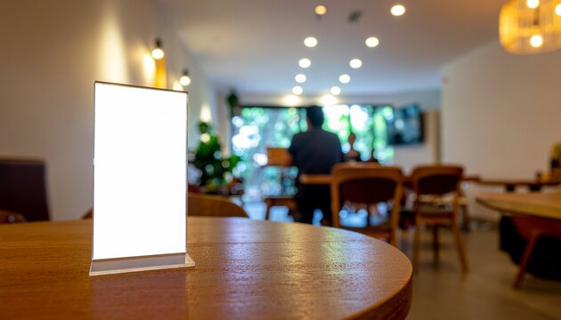 Menu mockup on wooden table in cafe with blurred background, ideal for promotional materials