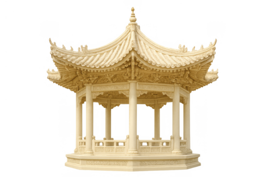 Intricate stone carving depicting a classic chinese pagoda architecture with traditional curved roof and columns on transparent background