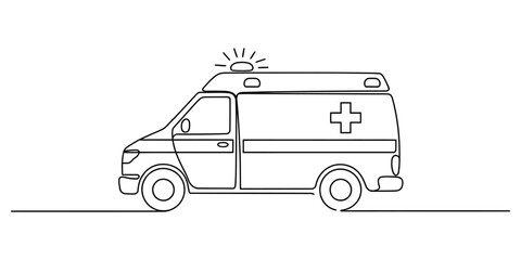 Ambulance vehicle line art drawing, emergency medical symbol. © Bilas