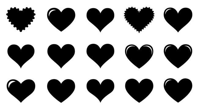Assortment of glossy black heart shapes and variations on white background