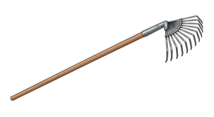 Garden leaf rake with wooden handle isolated.