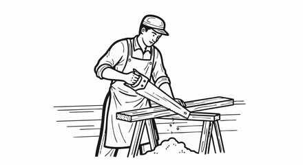 A skilled carpenter meticulously saws through a wooden plank, demonstrating precision and craftsmanship in his woodworking task, creating something new.