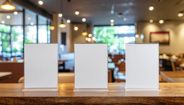 Three blank white acrylic table tents and menu holders on a rustic wooden bar counter in a blurred cafe setting, perfect for restaurant promotions and branding mockups