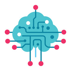 A bright and colorful vector illustration of a computer circuit board and cloud network, representing the concept of digital technology and information