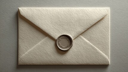 Ivory envelope with elegant silver wax seal showing soft embossed texture, top-down minimalist luxury stationery mockup with subtle cinematic lighting and shallow shadows