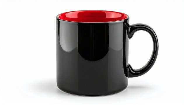 “A glossy black coffee mug with red interior, isolated against a white background.” - Powered by Adobe