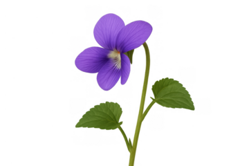 Violet flower blooming, vibrant purple petals on green stem and leaves, transparency for easy integration