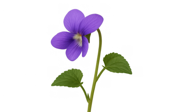 Violet flower blooming, vibrant purple petals on green stem and leaves, transparency for easy integration