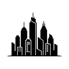 Fototapeta premium A minimalist black silhouette of a modern city skyline with various skyscrapers on a white background.