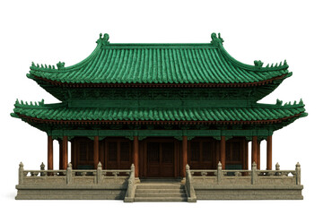 Obraz premium Chinese temple facade with green tiled roof, ancient asian architecture, traditional pagoda style building on transparent background