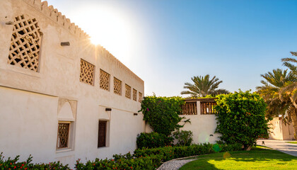Bright sunlight illuminates the white building and lush greenery.