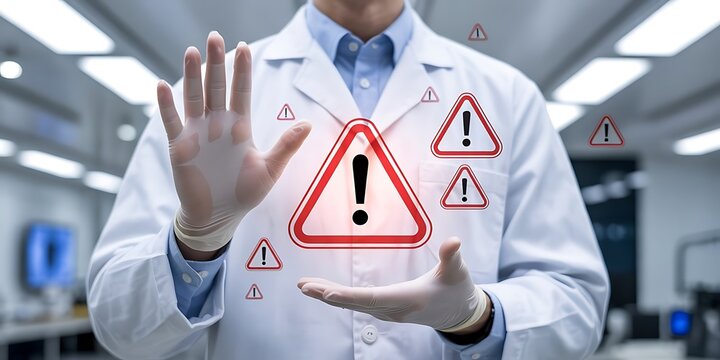 Scientist with warning symbols lab coat gloves - Powered by Adobe