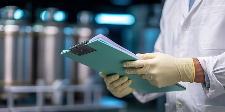 Scientist holding clipboard with papers hands gloves
