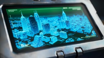 Futuristic tablet displays a glowing city map with data visualization, possibly for urban planning - Powered by Adobe