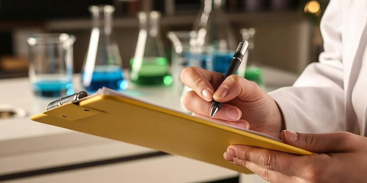 Scientist writing on clipboard in laboratory image - Powered by Adobe