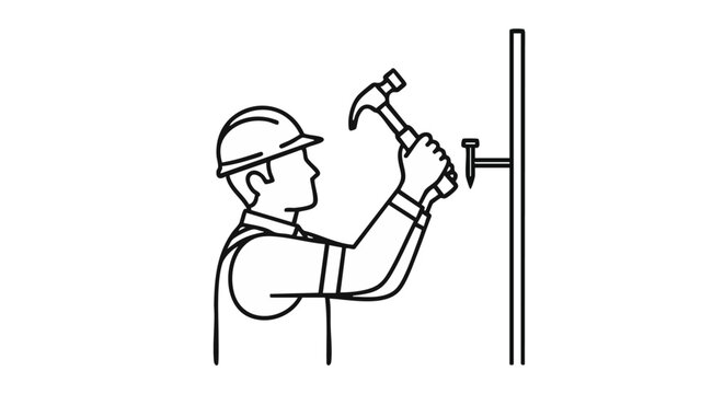 A construction worker in a hard hat hammers a nail into a wall, showcasing manual labor and carpentry skills in a simple outline.