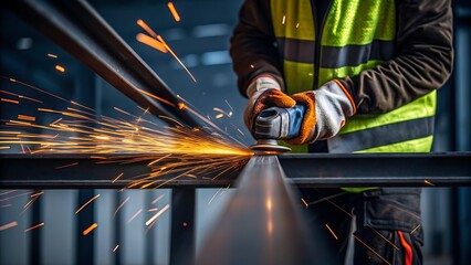 Worker grinding metal sparks construction