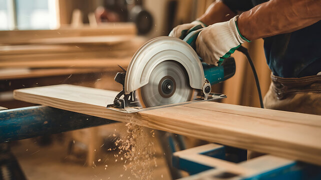 Circular saw cutting wood planks sawdust - Powered by Adobe
