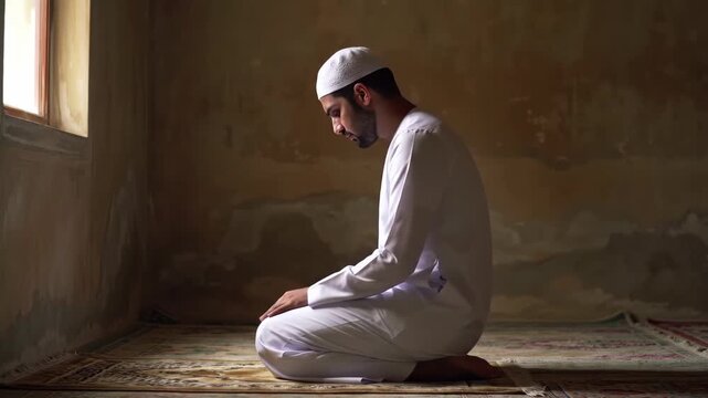 Muslim Man Praying in a Quiet Room - A Moment of Reflection.