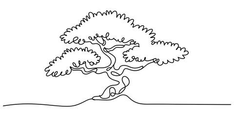 Minimalist continuous line drawing of a stylized oriental tree