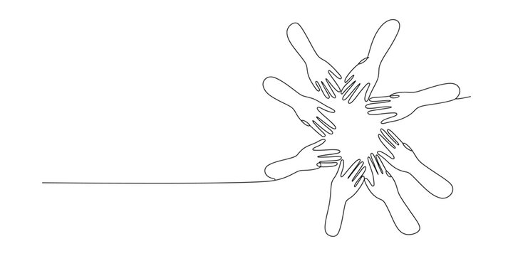 United hands continuous line art symbolizing teamwork, support, unity.