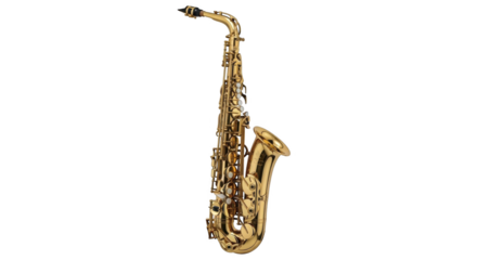 Golden alto saxophone musical instrument on white background.