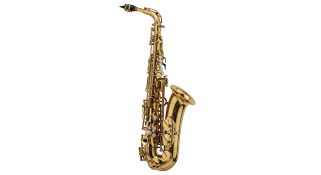Golden alto saxophone musical instrument on white background.