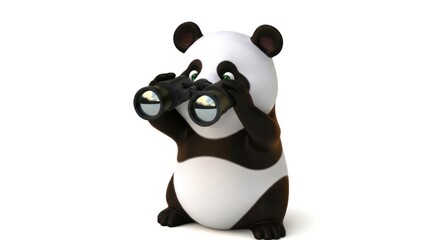 A cartoon panda bear actively searching with binoculars observing something, watching for