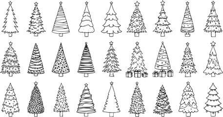 Hand-drawn Doodle Christmas Trees Set. Collection of Various Holiday Evergreen Trees in Different Styles. Festive Vector Illustration for Winter Season Decoration.
