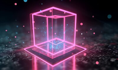 Abstract digital cube structure composed of glowing neon pink lines and intricate circuit board patterns with floating blue and red particles representing data and technology concepts - Powered by Adobe
