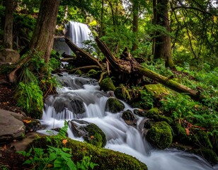 A serene forest scene featuring a flowing cascade of water over rocks, surrounded by lush green foliage and trees