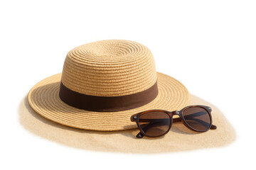 Straw hat and sunglasses representing summer vacation, travel essentials, and beach holiday accessories on a transparent background