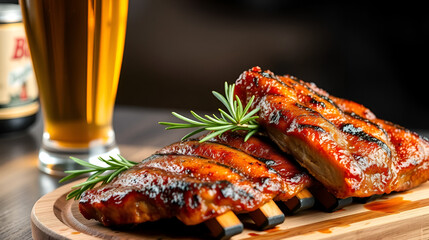 Glass of beer and grilled pork ribs with rosemary on. Beverage alongside broiled swine rib with herb sprig a tasty pub fare culinary delight gastronomic temptation perfect for summer
