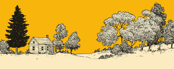 A yellow background with a house and trees. The house is small and has a porch. The trees are scattered throughout the scene
