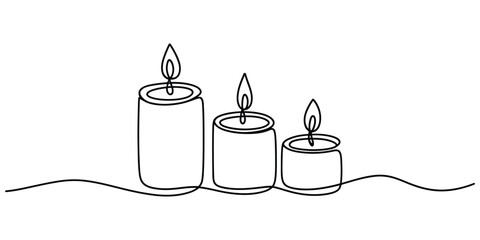 Continuous line art drawing of three burning candles, simple design