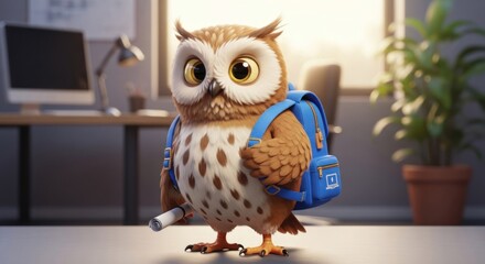 Animated owl wearing a backpack standing in an office ready for education or learning