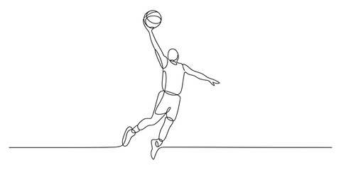Minimalist one line drawing of a basketball player with a ball