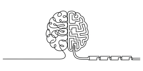 One continuous line drawing of a brain with maze and data flow