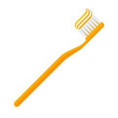 Yellow toothbrush with toothpaste on bristles. Dental hygiene, oral care, morning routine, and health concepts. Flat vector illustration isolated on white background