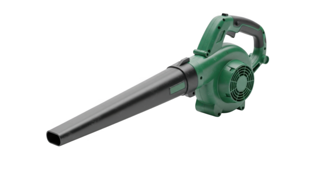 Green and black electric leaf blower on a white background.