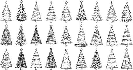 Detailed Hand-Drawn Christmas Trees Illustration Set. Diverse Collection of Festive Holiday Tree Sketches with Stars, Black and White Line Art.