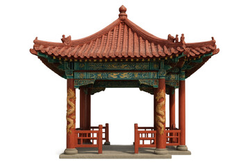 Obraz premium Traditional chinese wooden pavilion with red tiled roof, decorated columns, and oriental artistic details, transparent background