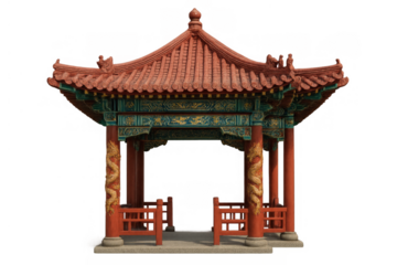 Traditional chinese wooden pavilion with red tiled roof, decorated columns, and oriental artistic details, transparent background