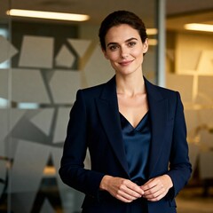 elegant, alluring, professional, beautiful business french woman model, waist up portrait, posing calmly while looking directly at us, business backdrop