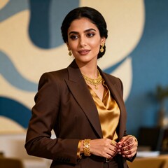 elegant, alluring, professional, beautiful business moroccan woman model, waist up portrait, posing calmly while looking directly at us, business backdrop