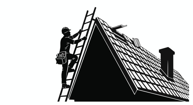 A silhouette depicts a construction worker climbing a ladder to repair a roof, symbolizing home improvement and building maintenance.