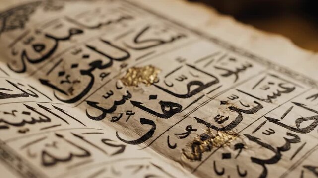 Close Up of an Ancient Quran with a Gold Ring on the Page.